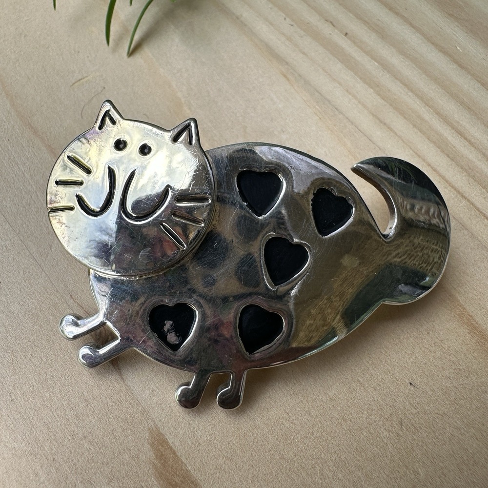 VTG Happy Cat Brooch Pin Pendant 2 Inch Two Tone Hearts Black 925 Sterling 18.9g